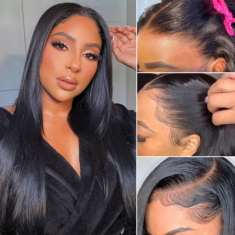 18" 13x4 Lace Front Free Part Straight Glueless Natural Black Human Hair Wig