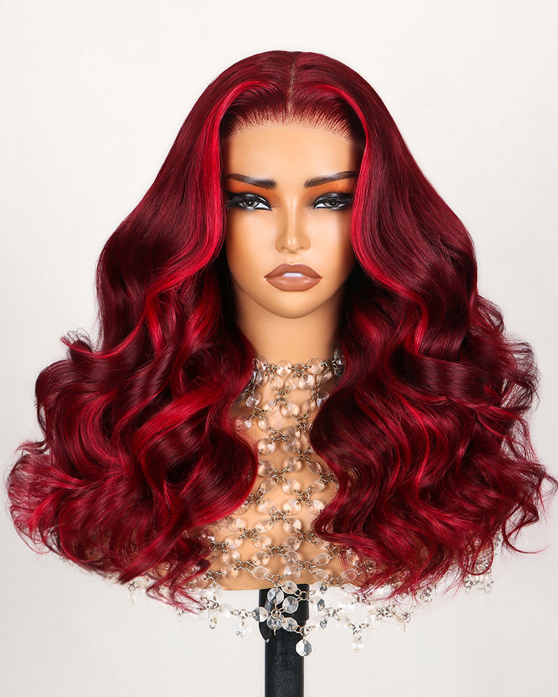 Red Velvet Balayage Wine Glueless 6x5 Pre-Cut Lace Loose Body Wave Multi Highlight Color Human Hair Wig