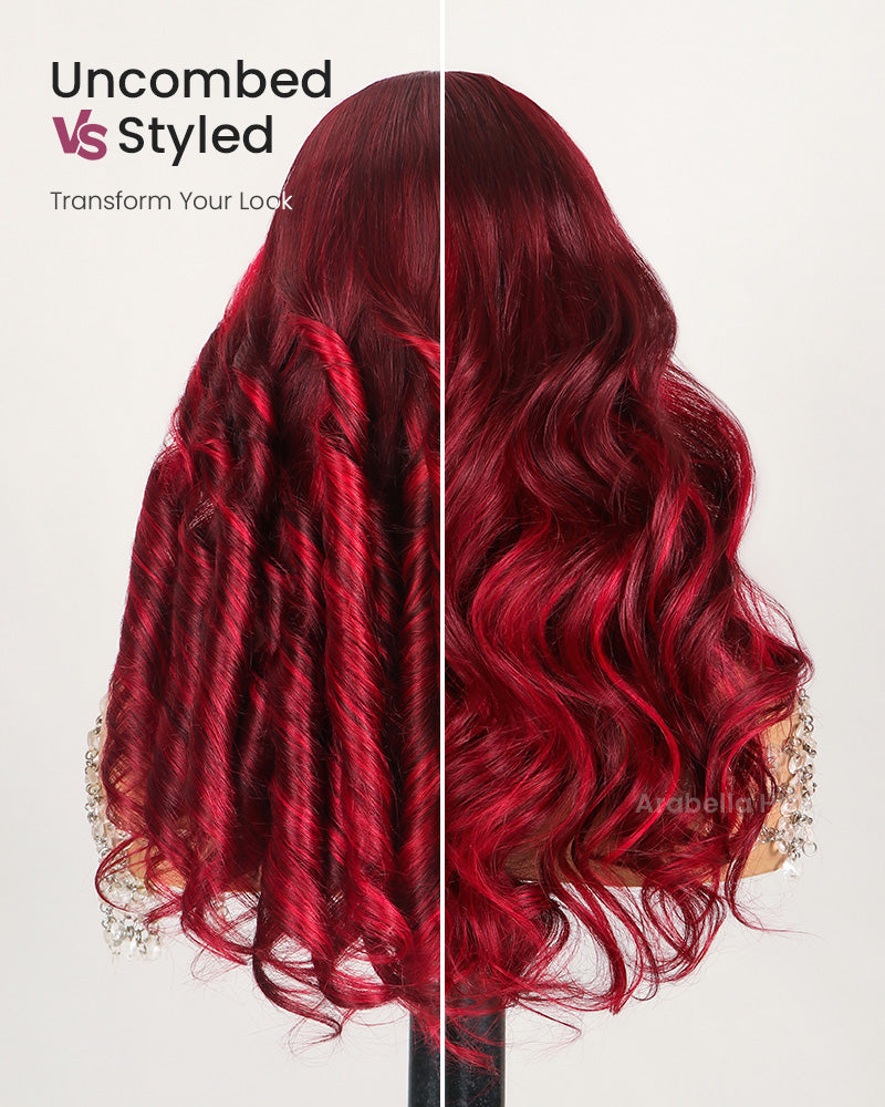 Red Velvet Balayage Wine Glueless 6x5 Pre-Cut Lace Loose Body Wave Multi Highlight Color Human Hair Wig