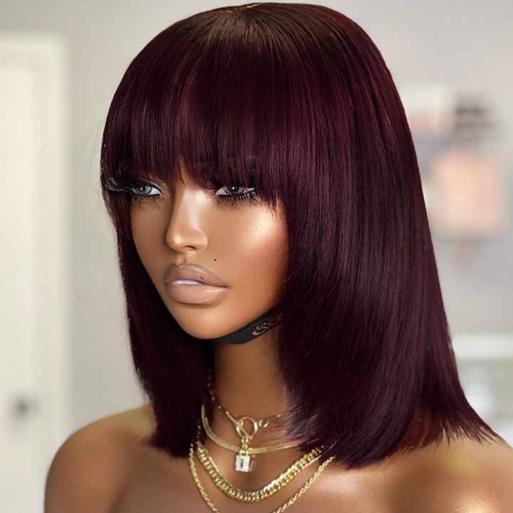 Last Sale: Minimalist Short Bob - Reddish Purple Burgundy Layered Straight with Bangs