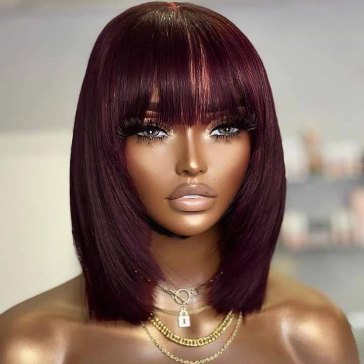 Last Sale: Minimalist Short Bob - Reddish Purple Burgundy Layered Straight with Bangs