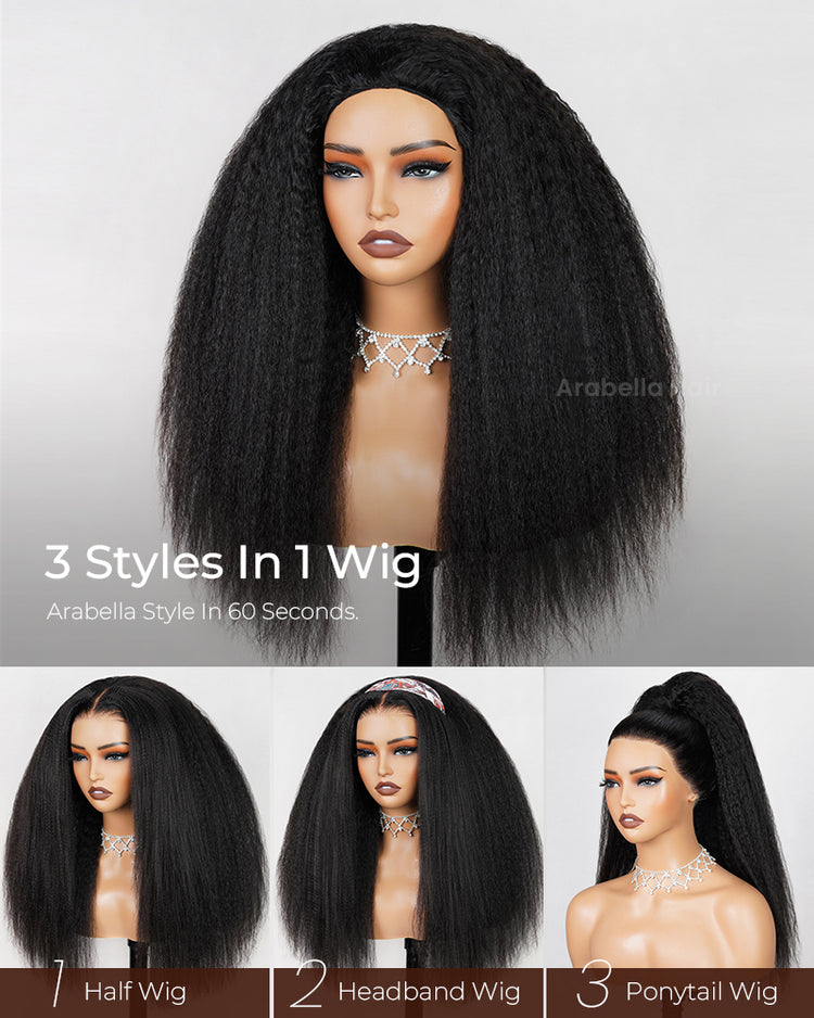 Arabella 3 In 1 Half Wig Glueless Yaki Straight Wig Invisi Drawstring Natural Black Endless Protective Styles