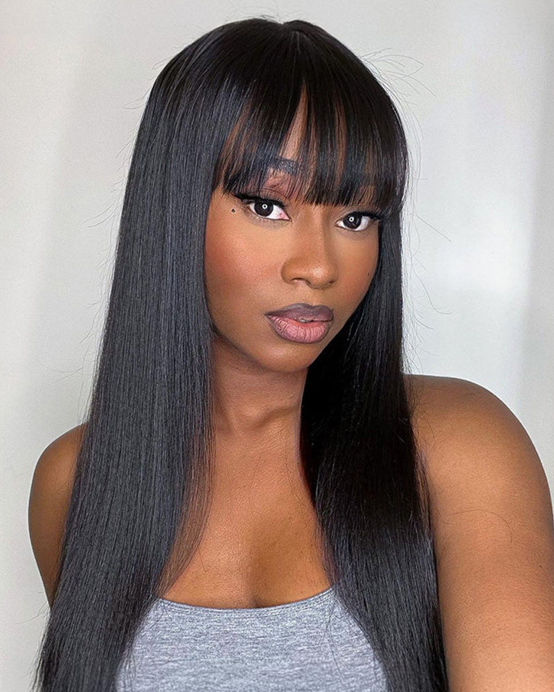 Straight With Bangs Wig Non-Lace Machine Made Natural Black Protective Style Human Hair Wigs