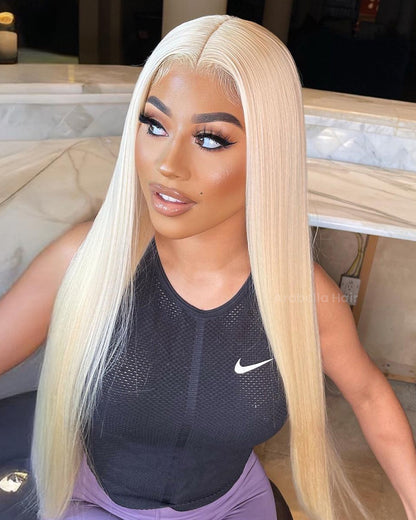 Easily Redyed 613 Silky Straight 6x5 Closure Lace Glueless Mid Part Long Wig 100% Virgin Human Hair