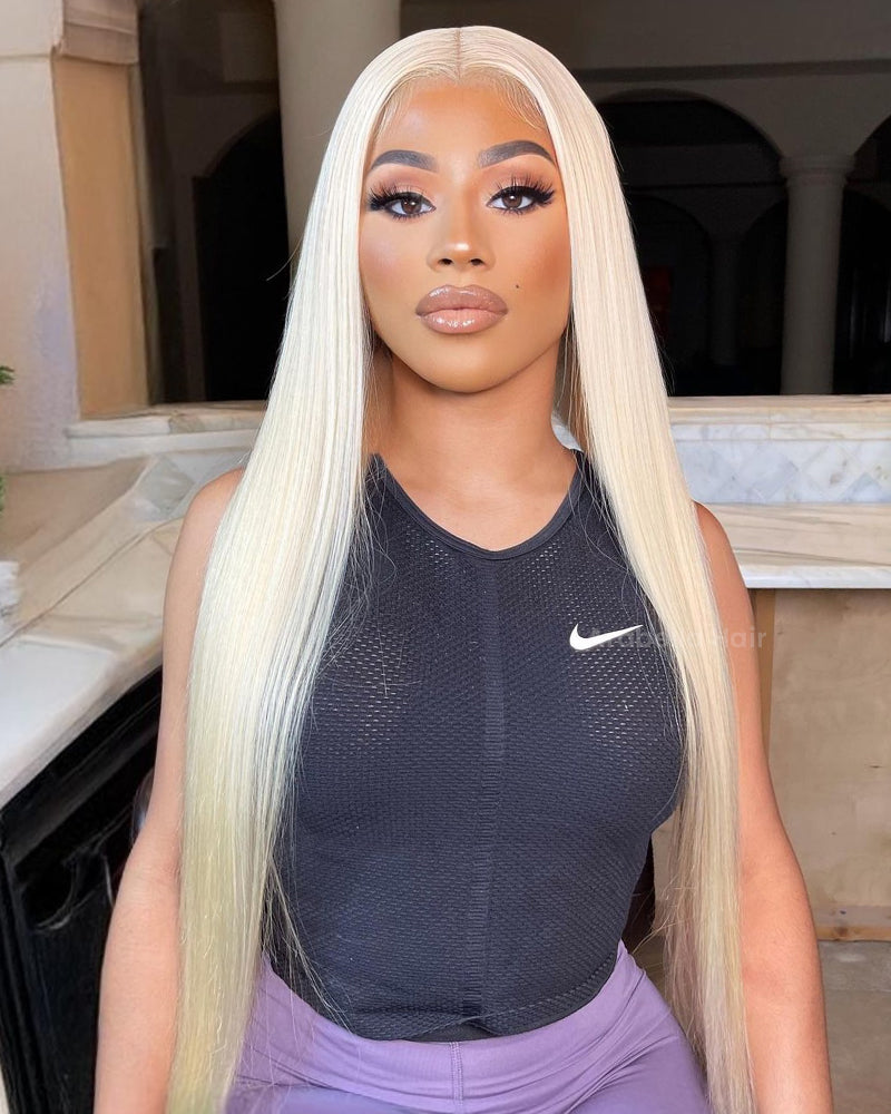 Easily Redyed 613 Silky Straight 6x5 Closure Lace Glueless Mid Part Long Wig 100% Virgin Human Hair