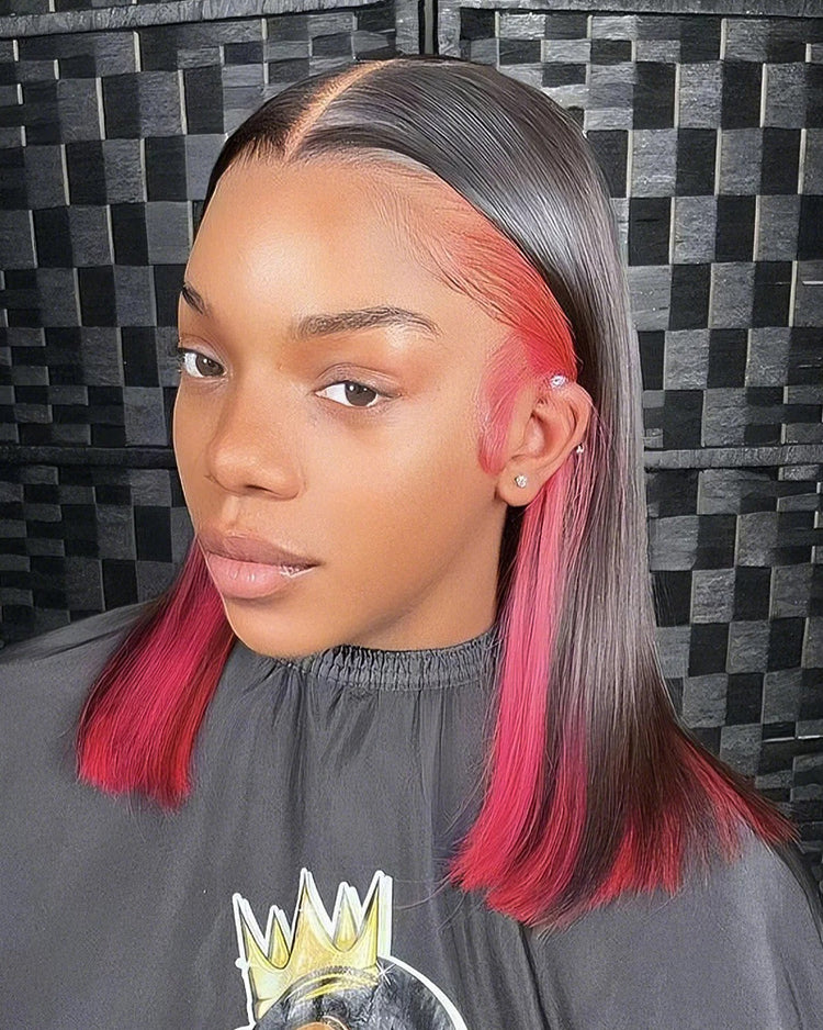 【BOGO】Red Peekaboo Highlights Color Short Bob Straight 13x4 Lace Front Human Hair Wigs