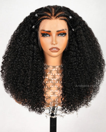 Halo Braided Jerry Curly 13x4 Glueless Lace Front Easy-Wear Pre-Braid Style Natural Black Human Hair Wig