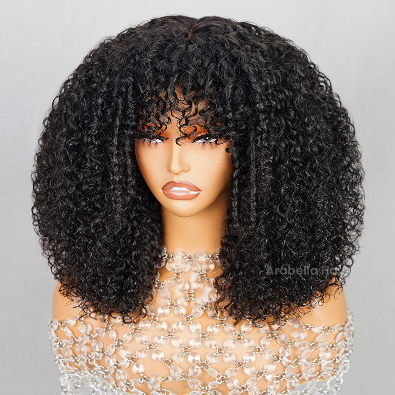 [Clearance Sale]Afro Kinky Curly Wig With Bangs Natural Black Full Machine Made Wigs Remy Hair