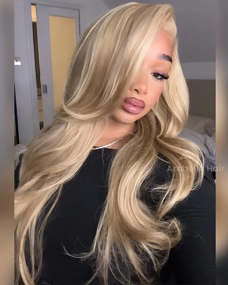 Arabella 13x4 Frontal Lace &amp; 6x5 Invisible Knots Glueless Blonde Khaki Highlight Body Wave Wig Invisible Knots