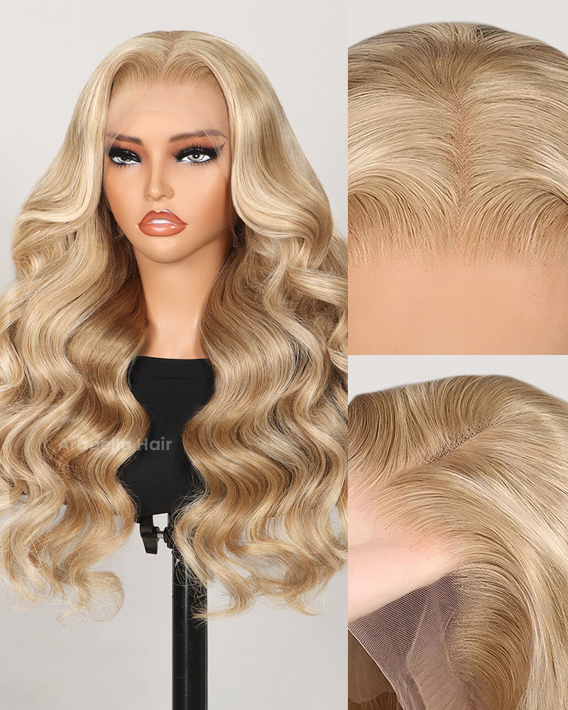 Arabella 13x4 Frontal Lace &amp; 6x5 Invisible Knots Glueless Blonde Khaki Highlight Body Wave Wig Invisible Knots
