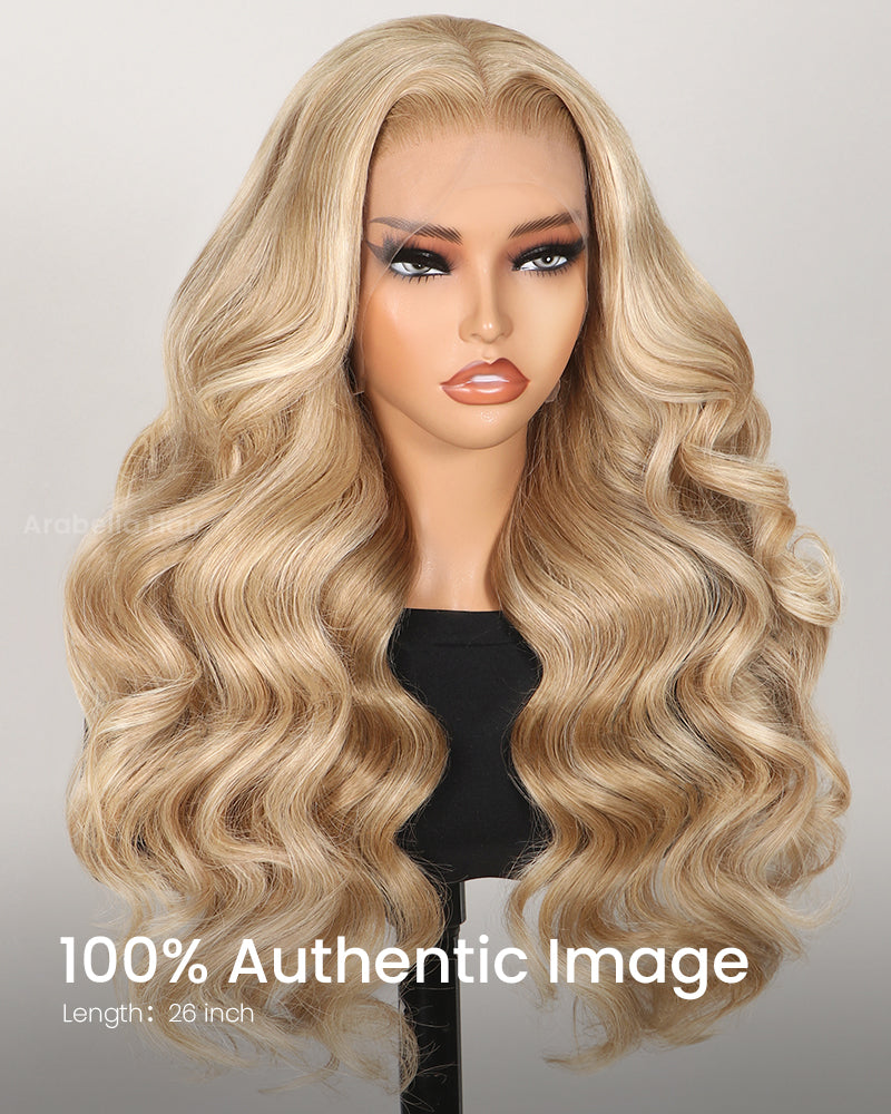 Arabella 13x4 Frontal Lace &amp; 6x5 Invisible Knots Glueless Blonde Khaki Highlight Body Wave Wig Invisible Knots