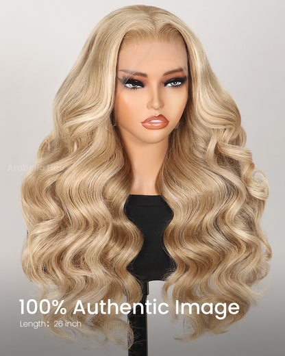 Arabella 13x4 Frontal Lace &amp; 6x5 Invisible Knots Glueless Blonde Khaki Highlight Body Wave Wig Invisible Knots