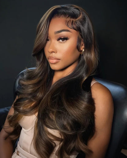 18&quot;=$117 | Arabella 360 Full Lace Glueless Auburn Highlights on Black Hair Body Wave Wig Invisi Drawstring Pull &amp; Go