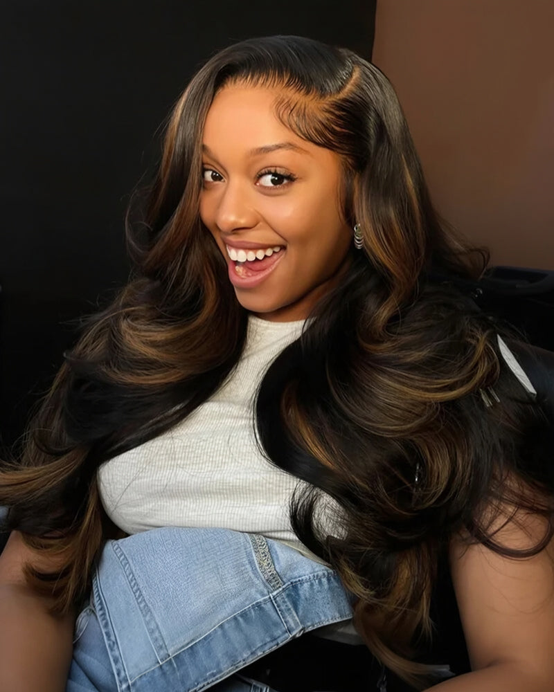 18&quot;=$117 | Arabella 360 Full Lace Glueless Auburn Highlights on Black Hair Body Wave Wig Invisi Drawstring Pull &amp; Go