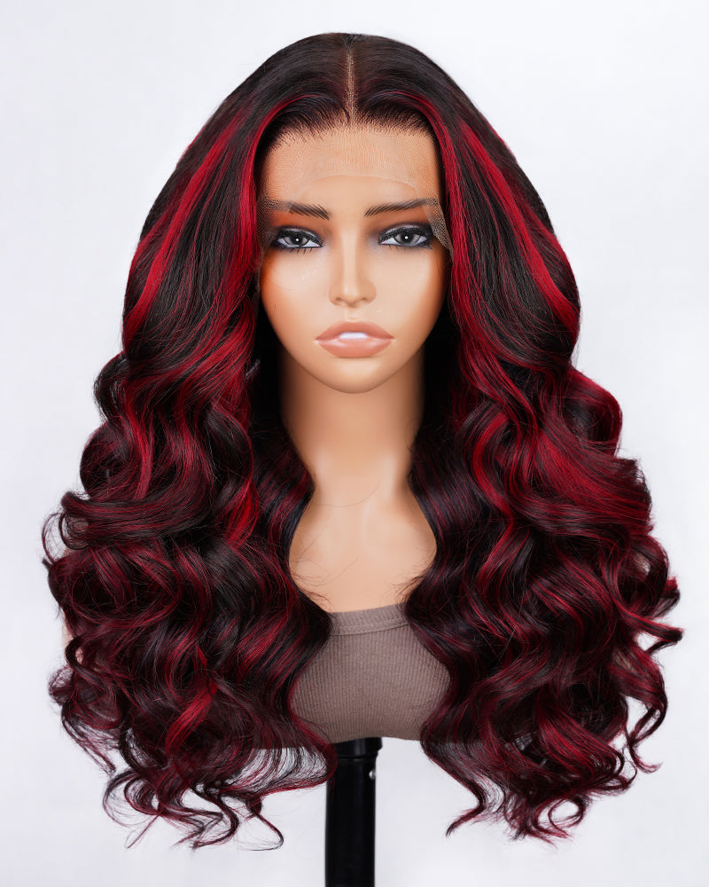 18&quot;=$90 | Arabella 13x4 Frontal Lace Red Highlight Body Wave Wig Invisible Knots Realistic Hairline