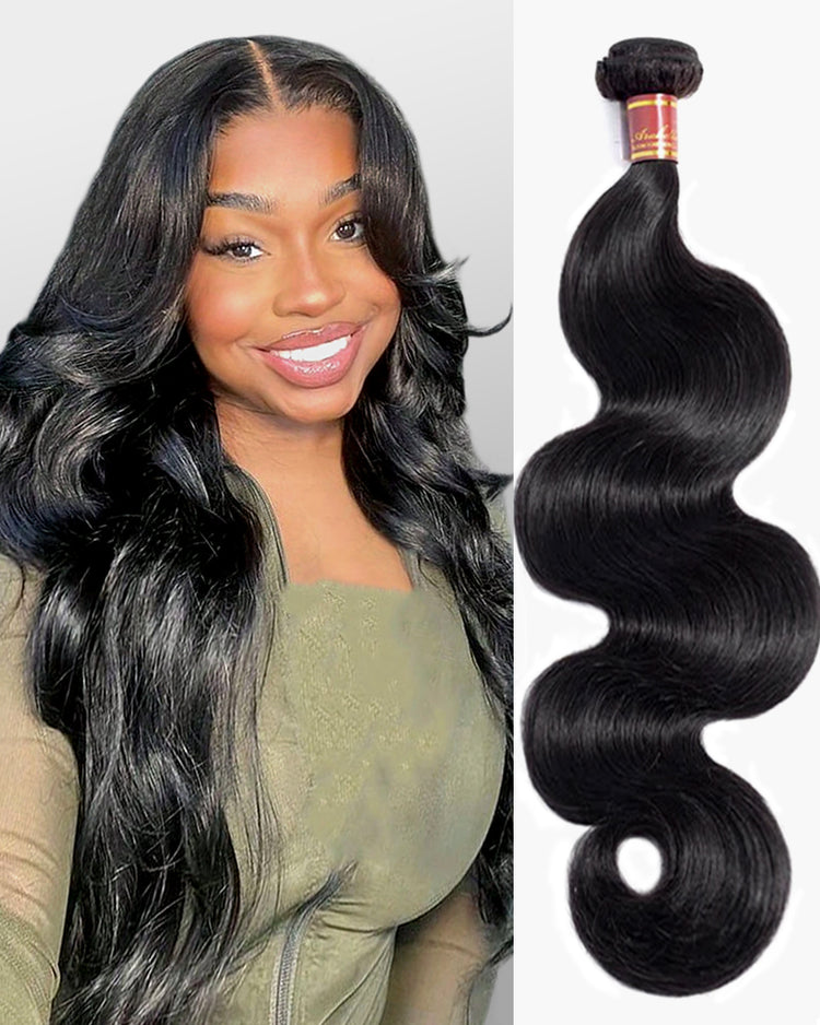 Woman with Body Wave Next to A Bundle of Black Hair Extensions.