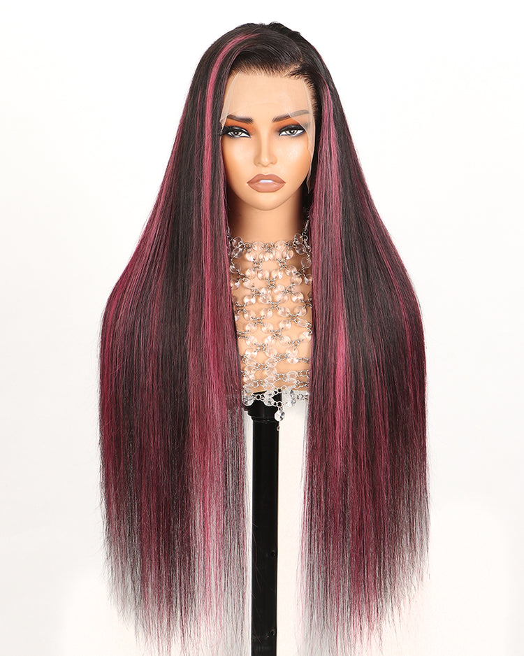 000Arabella 13x4 Frontal Lace Purple Highlight Straight Wig Invisible Knots Realistic Hairline