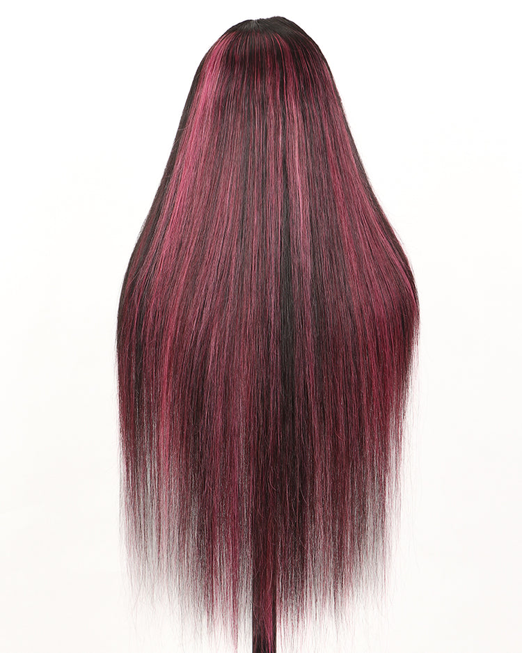 000Arabella 13x4 Frontal Lace Purple Highlight Straight Wig Invisible Knots Realistic Hairline
