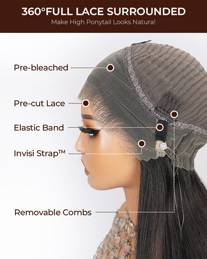 18&quot;=$117 | Arabella 360 Full Lace Glueless Auburn Highlights on Black Hair Body Wave Wig Invisi Drawstring Pull &amp; Go