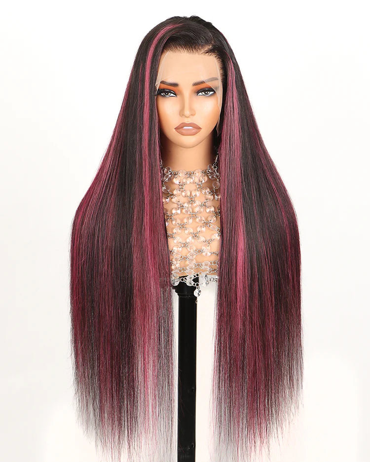 24 Inches 4x4 Lace Closure Straight Purple Highlight Wig - Glueless Human Hair Wig