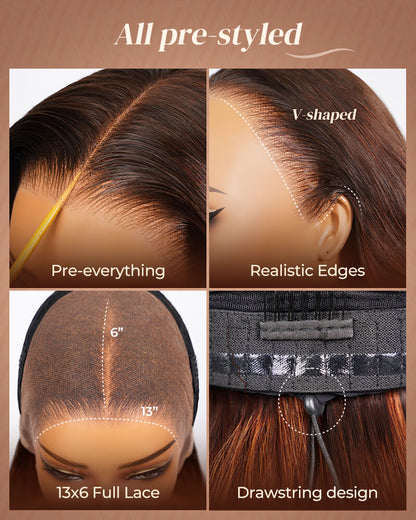 Pure-Luxe™ Airtouch Balayage Highlights Burgundy Ombre Color Blowout In Wavy Pre-Cut 13x6 Lace Ultra-Dense Glueless Human Hair Wig