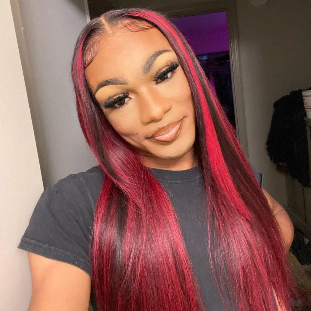 [Flash Sale] 13x4 Lace Dark Burgundy With Rose Red Highlights Body Wave/Straight Hair Lace Free Part Color Wigs