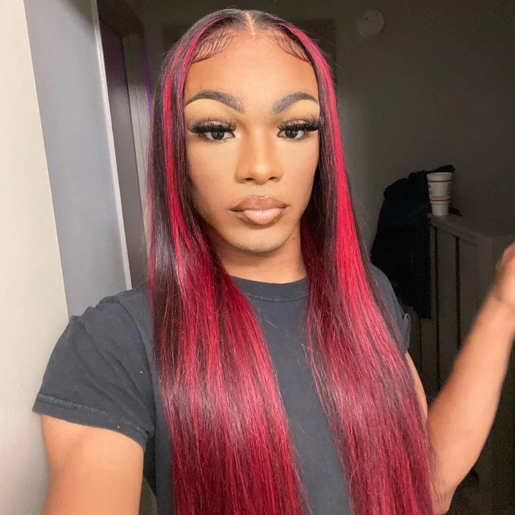 [Flash Sale] 13x4 Lace Dark Burgundy With Rose Red Highlights Body Wave/Straight Hair Lace Free Part Color Wigs