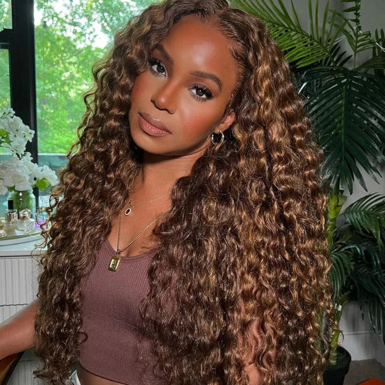 13X4 Lace 26" Honey Blonde Piano Highlights Color Lace Front Deep Wave Human Hair Wigs