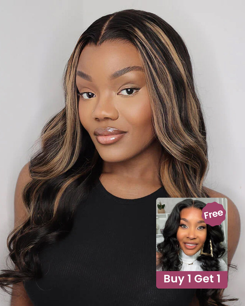 Bogo Sale | 6x5 Lace Highlight Color Body Wave 18inches+6-Inches Deep Lace Natural Color Loose Wave Bob 14inches