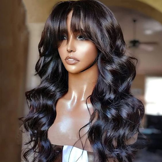 Long Body Wave With Bangs Glueless Wig Non-Lace Machine Made Natural Black Protective Style Human Hair Wigs