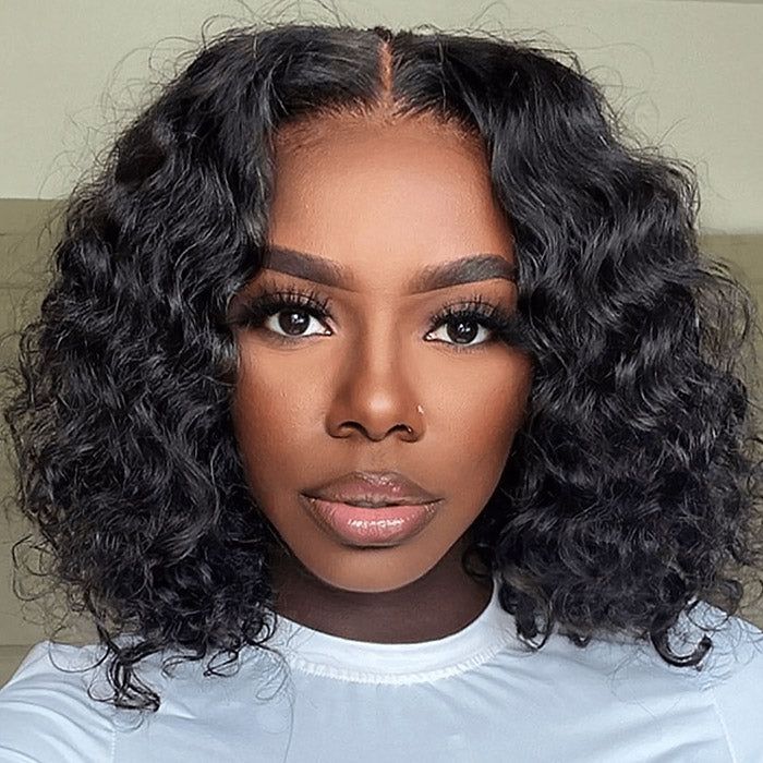 Minimalist Short Bob: Glueless T Part Lace Front Curly Wig Natural Black Human Hair