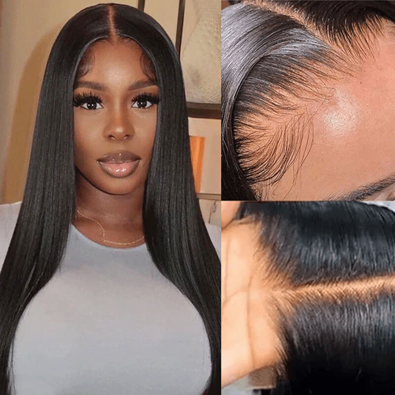 18" 13x4 Lace Front Free Part Straight Glueless Natural Black Human Hair Wig