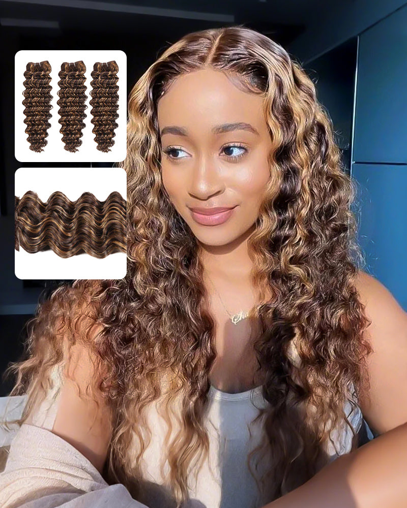 {12A 3Pcs} Piano Highlight Color 3 Bundles Deep Wave Style 12A Grade Arabella Hair