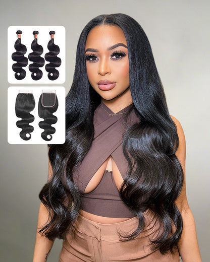 {12A 3Pcs+Closure} Body Wave 3 Bundles Hair With 4x4 Lace Closure 12A Human Hair Unprocessed Virgin Hair Weave