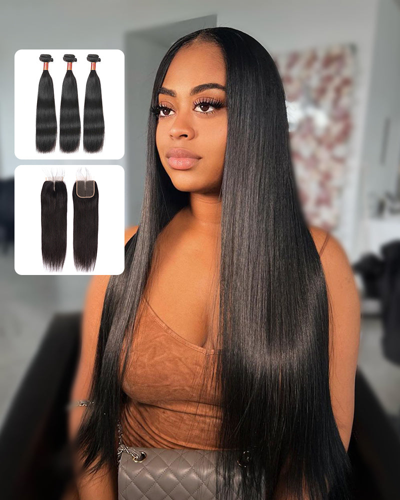 {12A 3Pcs+Closure} Brazilian Straight 3 Bundles Hair With 4x4 Lace Closure Unprocessed Virgin Hair Weave