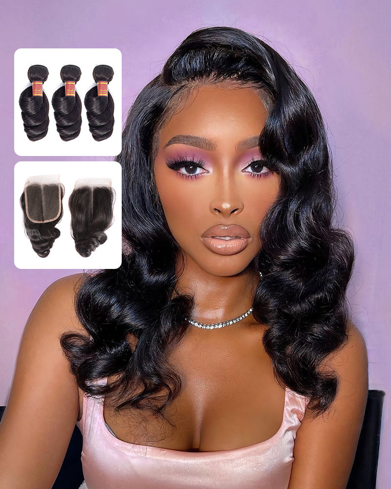 {12A 3Pcs+Closure} Loose Wave Human Hair Bundles With Closure 4x4 Closure With Bundles