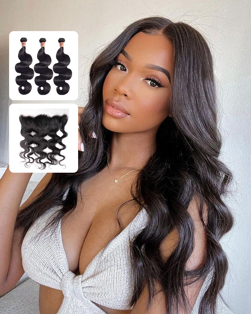 {12A 3Pcs+Frontal} Brazilian Body Wave 3 Bundles Hair Weft With Lace Frontal Closure Human Hair