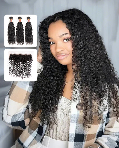 {12A 3Pcs+Frontal} Brazilian Jerry Curly 3 Bundles Hair Weft With Frontal Closure Unprocessed Virgin Hair Weave