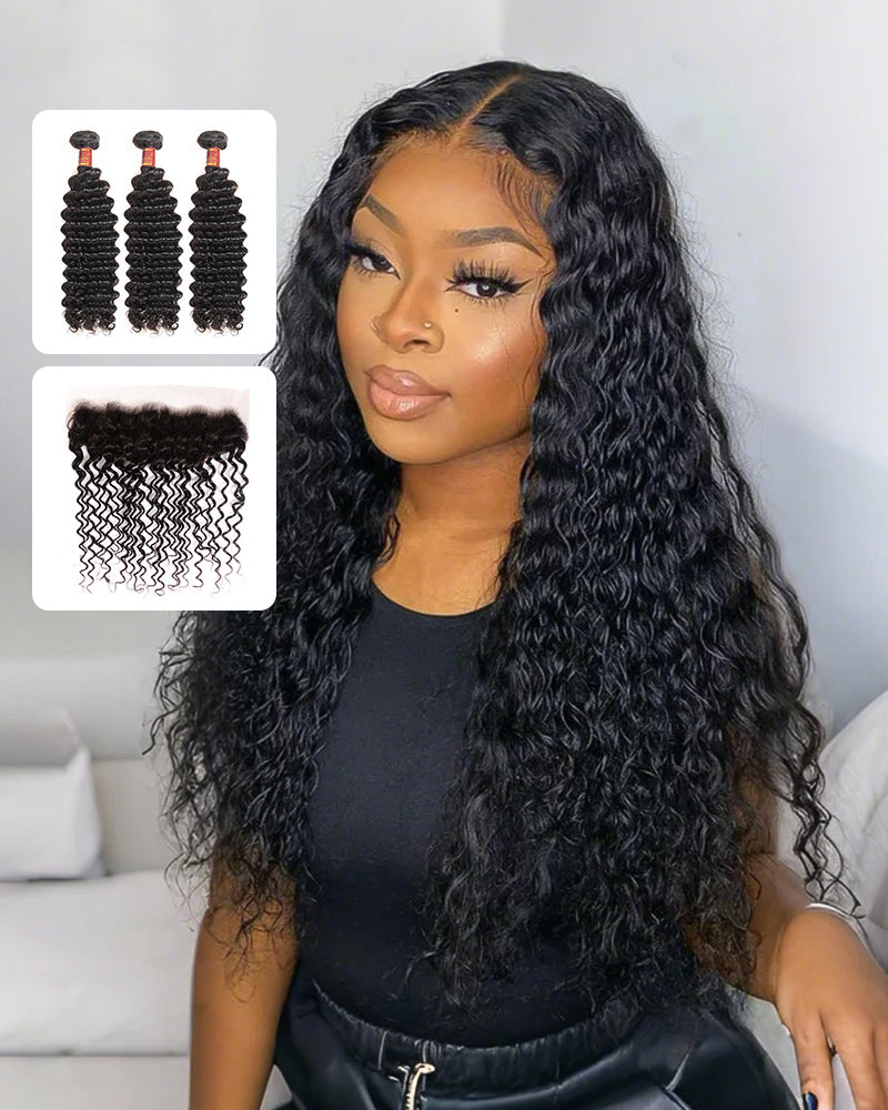 {12A 3Pcs+Frontal} Deep Wave 3 Bundles Hair Weft With Frontal Closure Human Virgin Hair Extensions