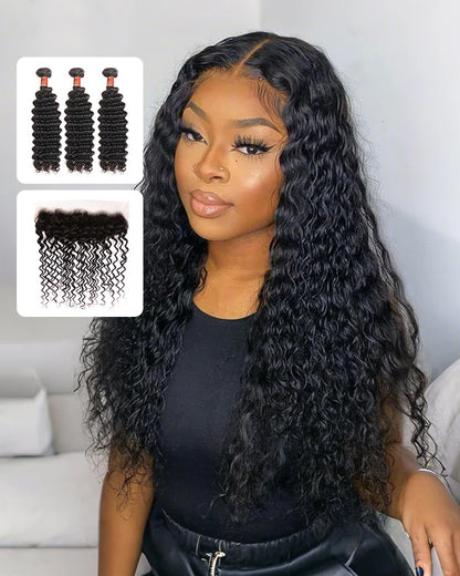 {12A 3Pcs+Frontal} Deep Wave 3 Bundles Hair Weft With Frontal Closure Human Virgin Hair Extensions