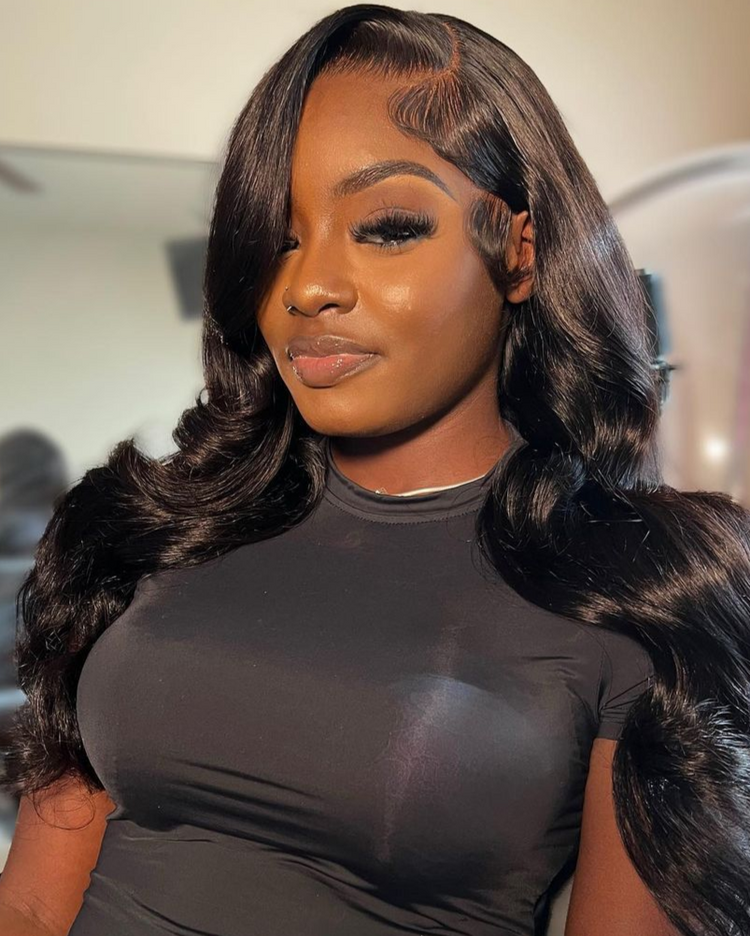 Arabella 13x4 Frontal Lace Loose Body Wave Wig Invisible Knots Natural Black Realistic Hairline