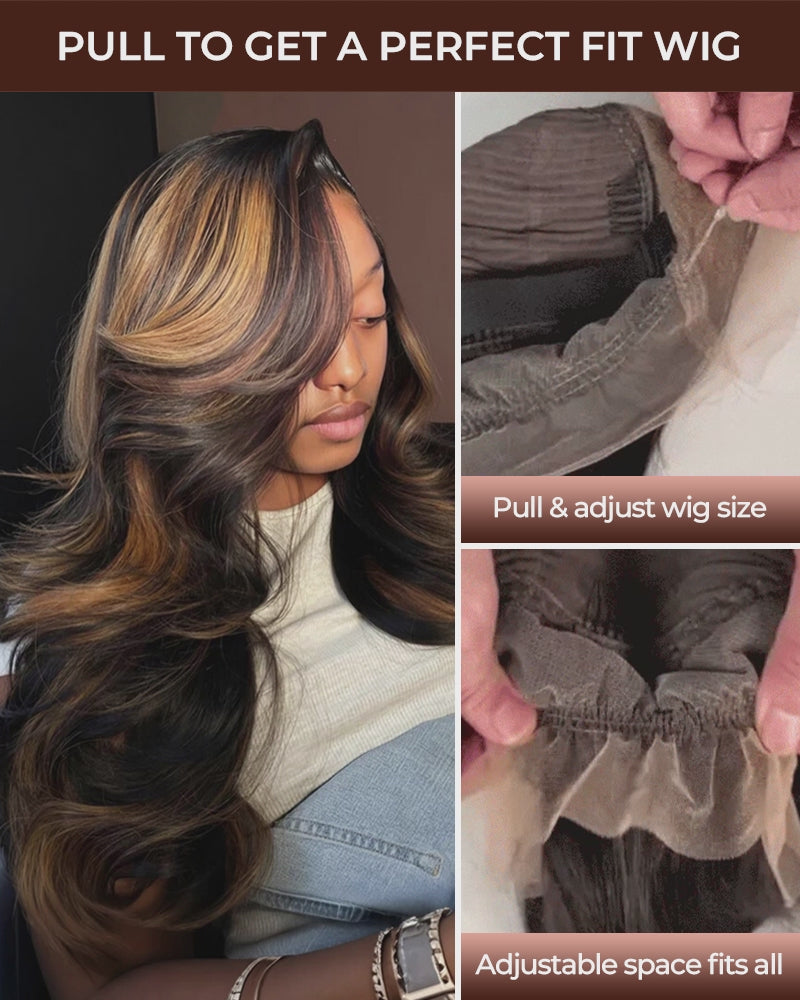 18&quot;=$117 | Arabella 360 Full Lace Glueless Auburn Highlights on Black Hair Body Wave Wig Invisi Drawstring Pull &amp; Go