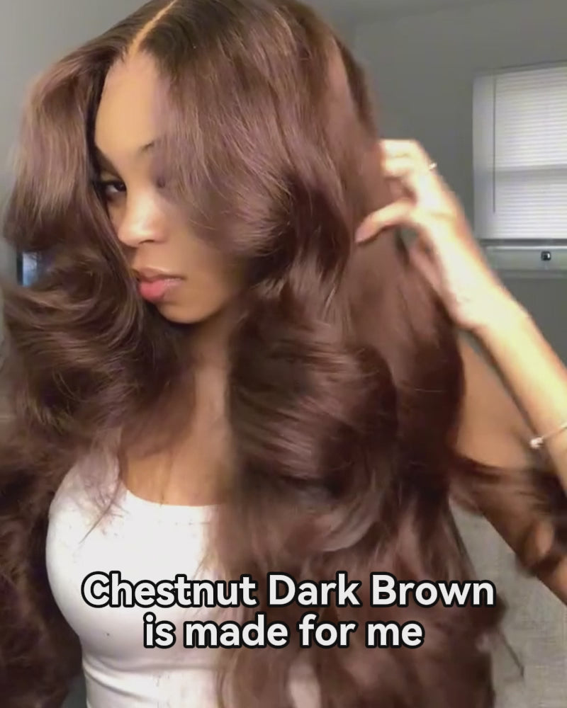 #4 Chestnut Dark Brown Colored Body Wave Human Hair Wig