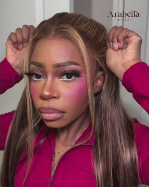 Arabella 13x6 Three-Go™ Glueless Wig Silky Straight With Drawstring Honey Blonde Highlight on Brown Wig 100% Human Hair Wig