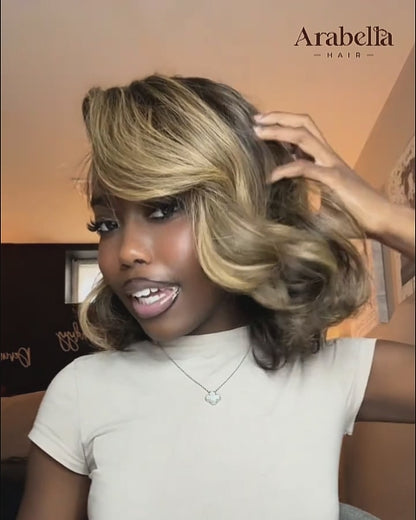 Arabella 13x6 Three-Go™ 280% High Density Glueless Old Money Bob Loose Body Wave Bob Wig Pre-cut Lace Ombre Platinum Blonde Balayage Highlights
