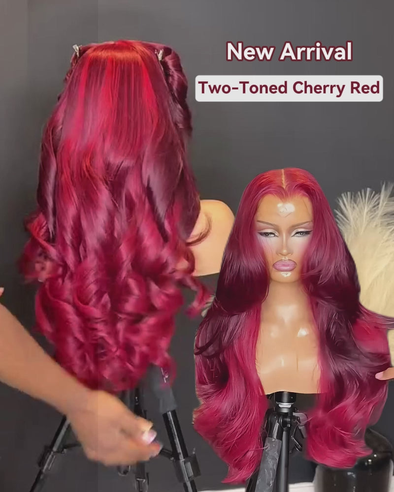 Two-Toned Ombre Cherry Red 13x4 Lace Front Blowout In Wavy Colored Human Hair Wigs