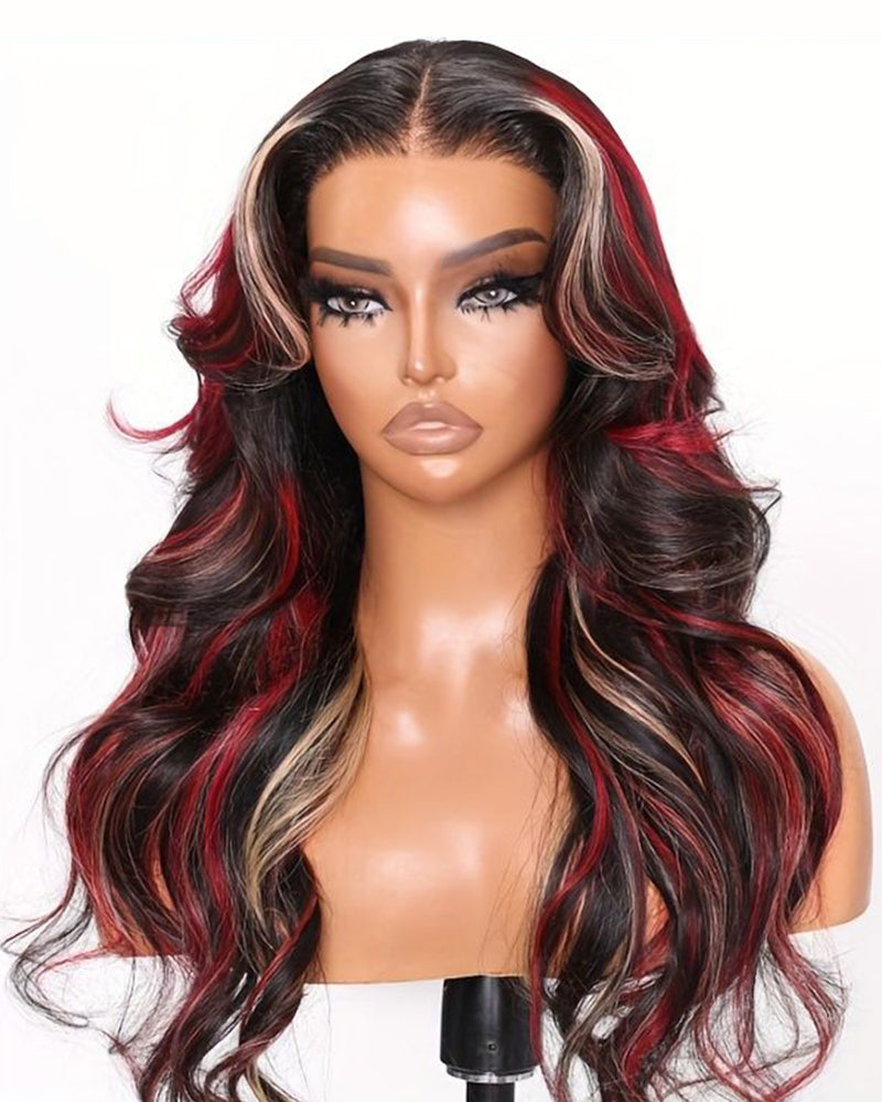 【Halloween Special】13x4 Lace Burgundy Ombre Red Skunk Stripe Body Wave Mix Highlight Colored Human Hair Wig