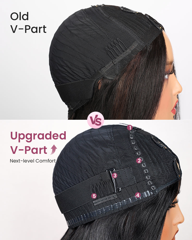 V Part 2.0 Body Wave No Glule Needed Natural Black Upgraded V Part Cap Human Hair Wigs