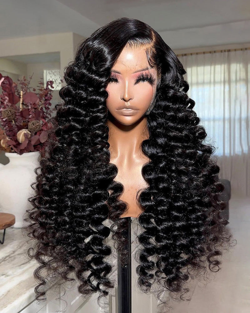 Wand Curls Long Length Glueless Lace Front  Pre-Bleached Knots Natural Black Human Hair Wigs