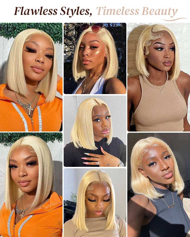 Arabella 6x5 Invisible Knots Glueless &amp; 13x4 Frontal Lace Straight Bob Wig Pre-cut Lace 613 Blonde Beginner Friendly